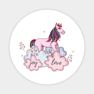 Cute Little Pastel Colored Unicorn With Joy & Love Text Magnet